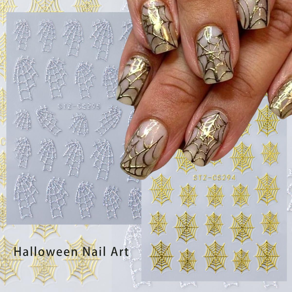 Halloween Nail Art Stickers - 9 Sheets 3D Self-Adhesive Design Decals With Ghost, Pumpkin, Spider, Bat, Black Gold Silver Web - DIY Nail Decoration for Women