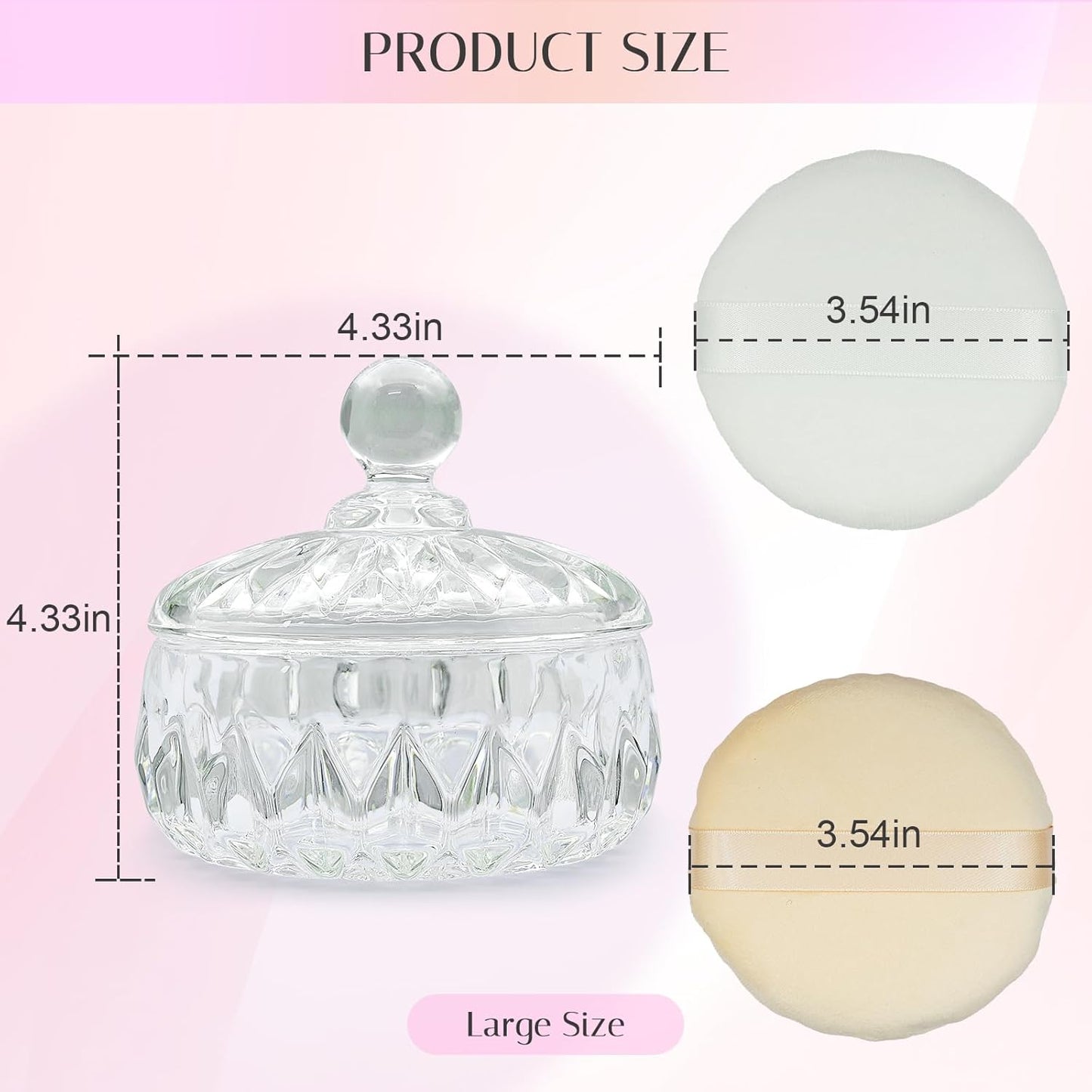 Body Powder Puff and Container, Crystal Dusting Powder Container with Puffs, Ridged-Lid Body Powder Jar with 2 Washable Reusable Soft Powder Puffs (Large Size)