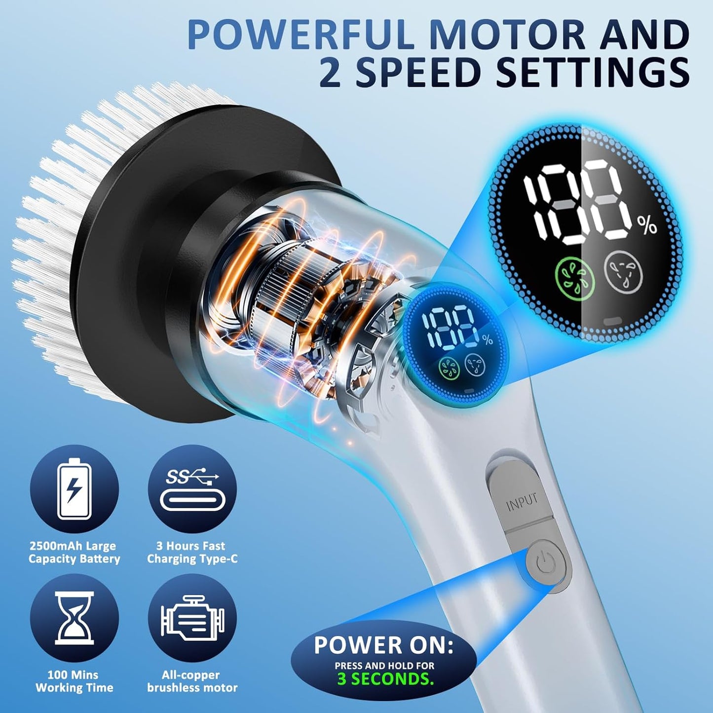 Electric Spin Scrubber Upgraded Battery with Extra-Long Runtime, IPX7 Waterproof Power Cleaner with 7 Brush Heads, 2 Speeds Adjustable Long Handle for Bathroom, Floor, Shower, Tile & Kitchen Cleaning