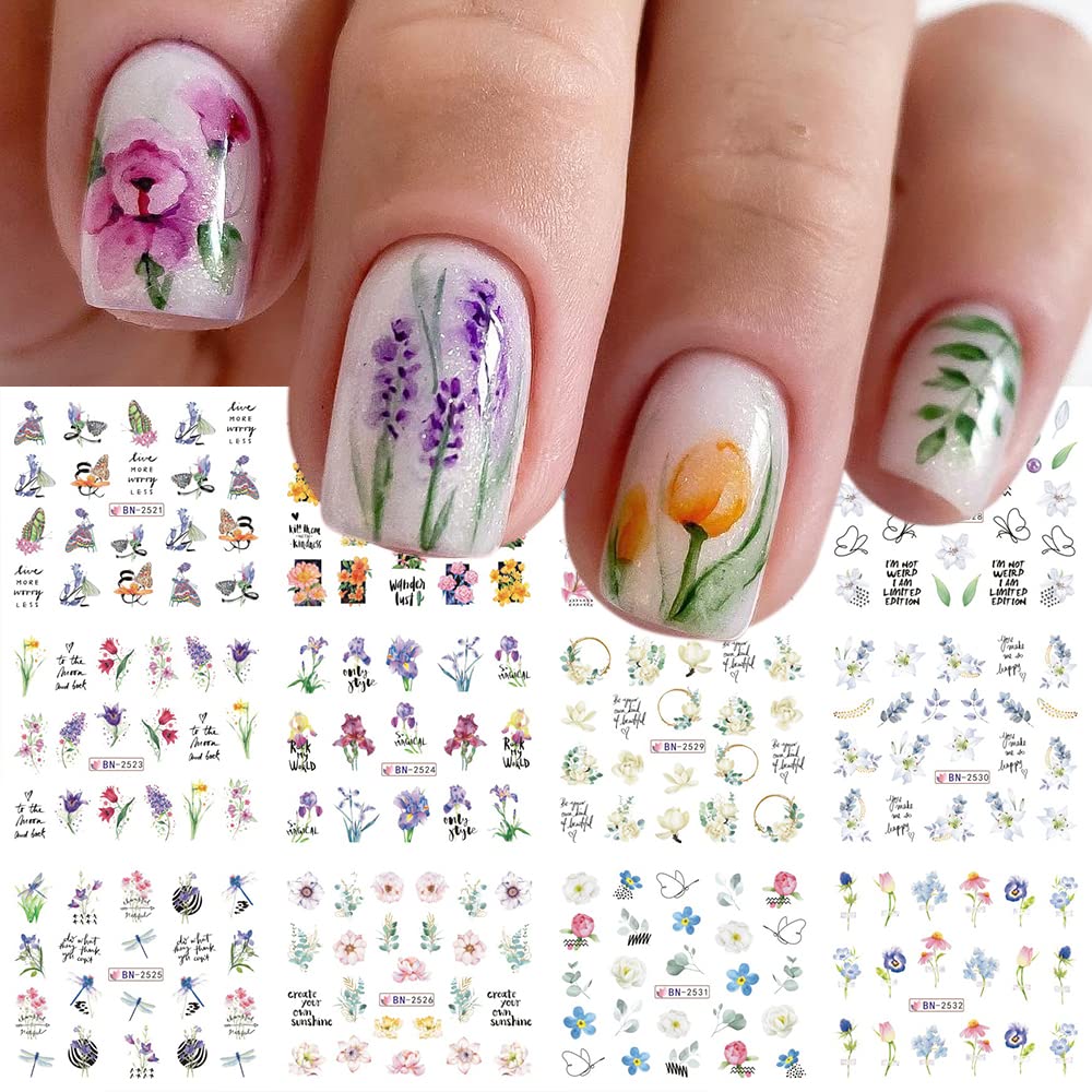 Flower Nail Art Stickers Decals Water Transfer Foils for Nails Art Supplies Spring Summer Tulips Butterfly Floral Design Acrylic Nail Stickers DIY Manicure Nail Decoration for Women 12 Sheets