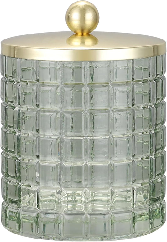 Glass Jar with Metal Lid for Bathroom Organization, Clear Apothecary Jar for Cotton Balls, Q Tips, and Small Accessories, Stylish Bathroom Storage Container Sage Green, Gold