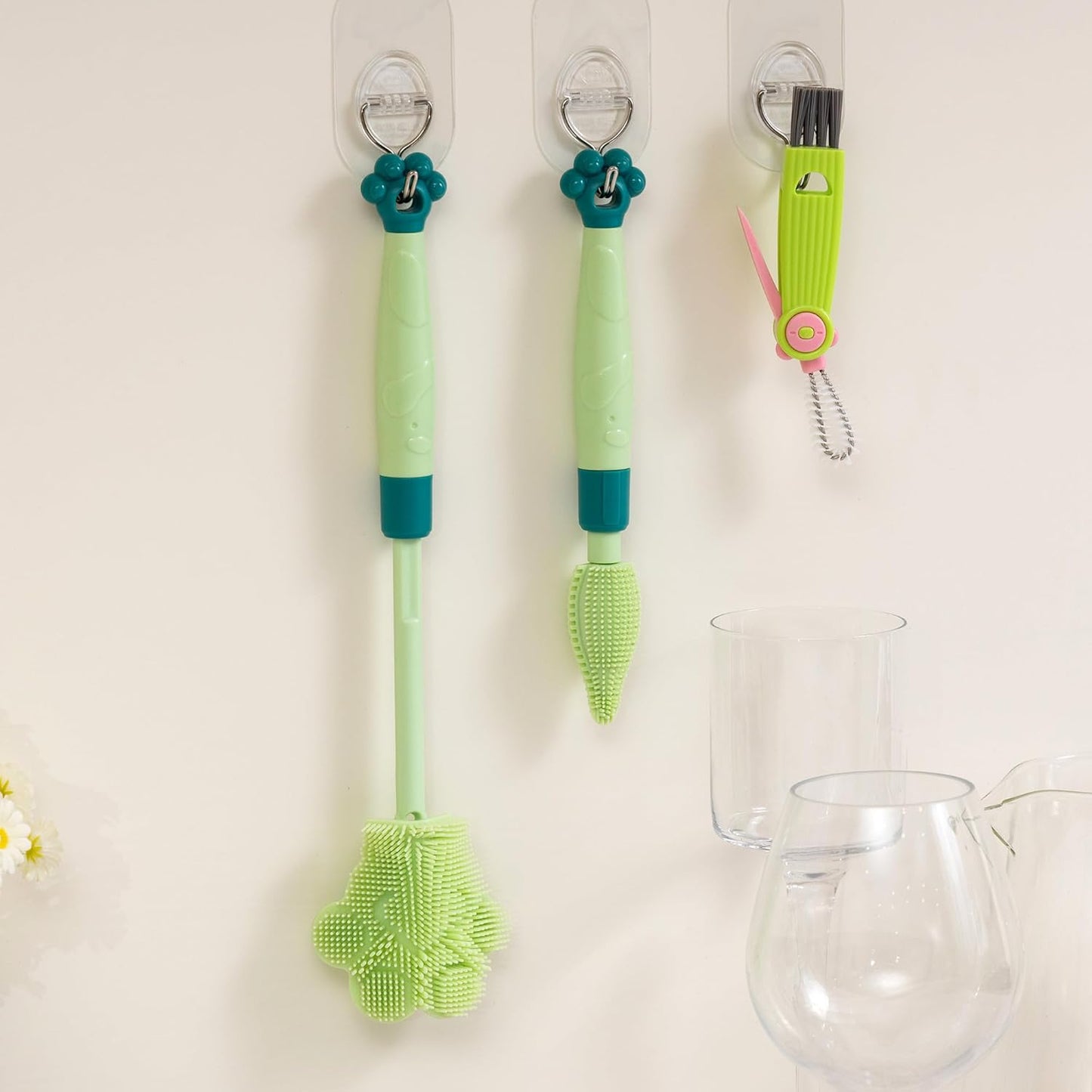 Adjustable Handle Length 10.5-13.8in Water Cup Cleaner Bottle Brush, Silicone Baby Bottle Brush, Pot Brush Cleaner, Green