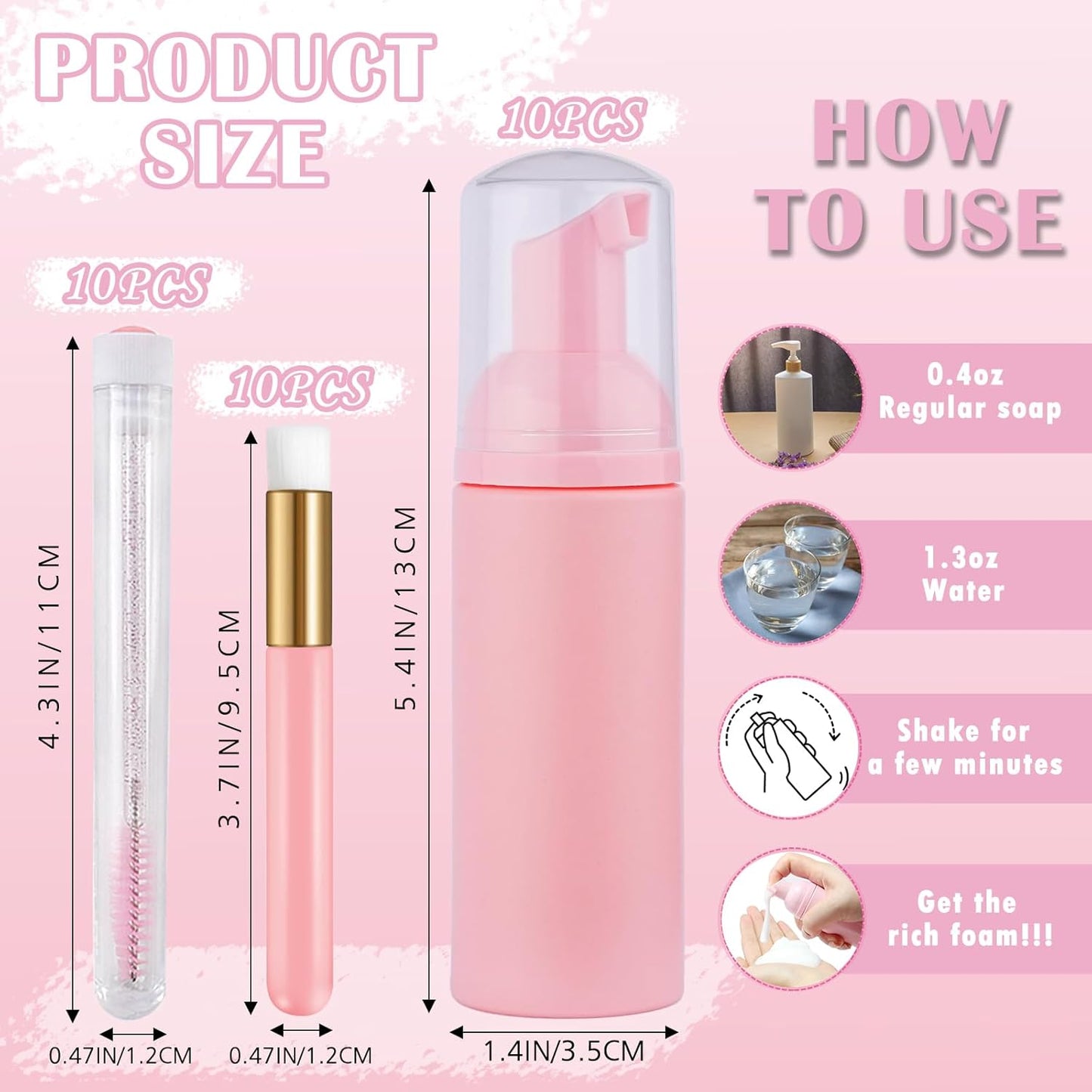 50PCS Lash Shampoo Bottles Brushes Set, Empty Lash Shampoo Bottle, Lash Cleaning Brush, Eyelash Extension Tube Brush, Instructions Cards, Aftercare Bags for Lash Business Clients (50pcs in pink)