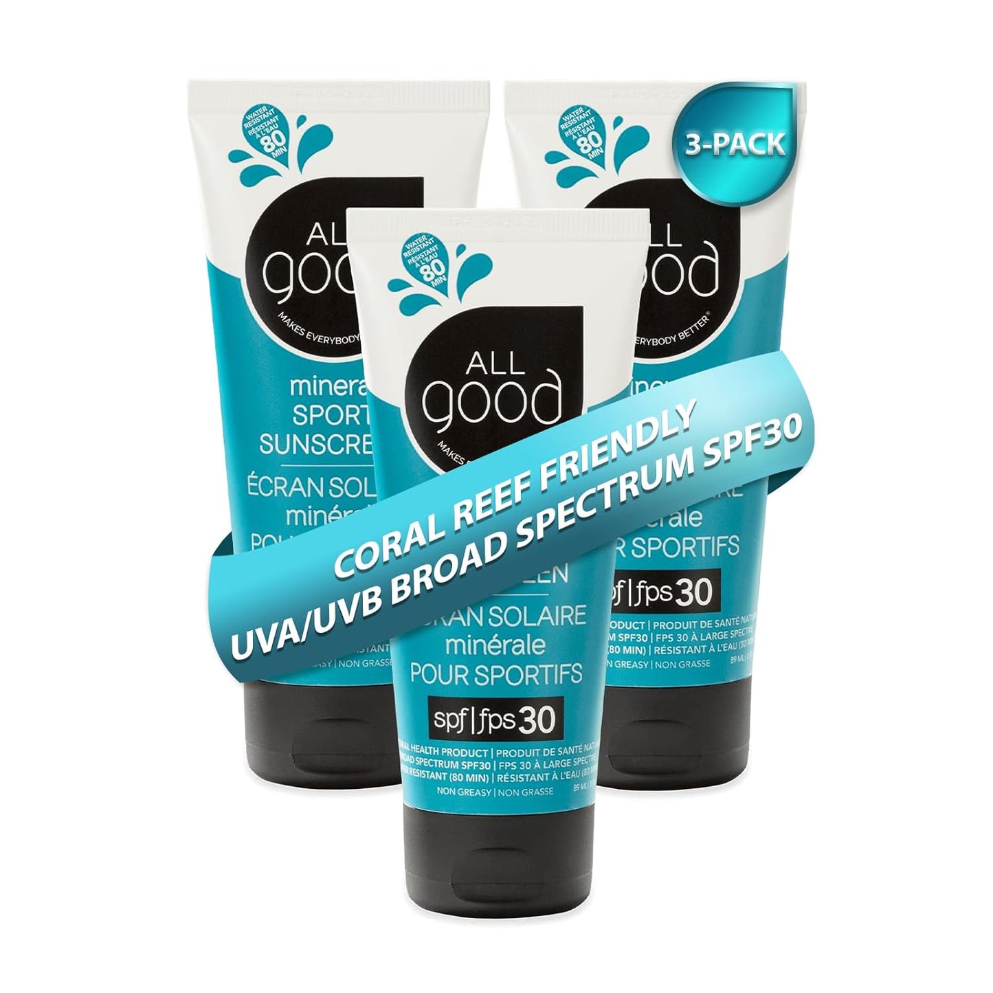 All Good Sport Mineral Sunscreen Lotion - Coral Reef Friendly, Water & Sweat Resistant, Face & Body, UVA/UVB Broad Spectrum SPF 30+ (3 oz)(3-Pack)