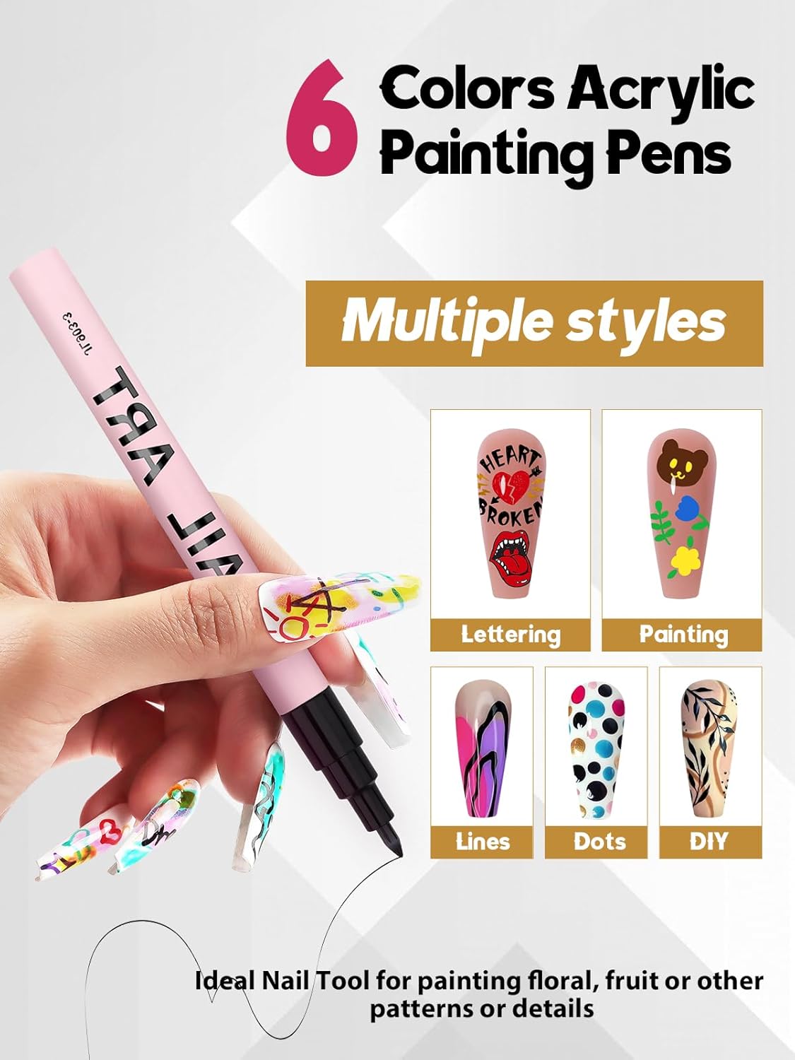 EBANKU Nail Art Pens Set, 6 Colors 0.7MM Nail Polish Pens Quick-Drying Nail Art Acrylic Paint Pen Point Dotting Liner Pen Nail Drawing Painting Manicure Tools for 3D Salon Home