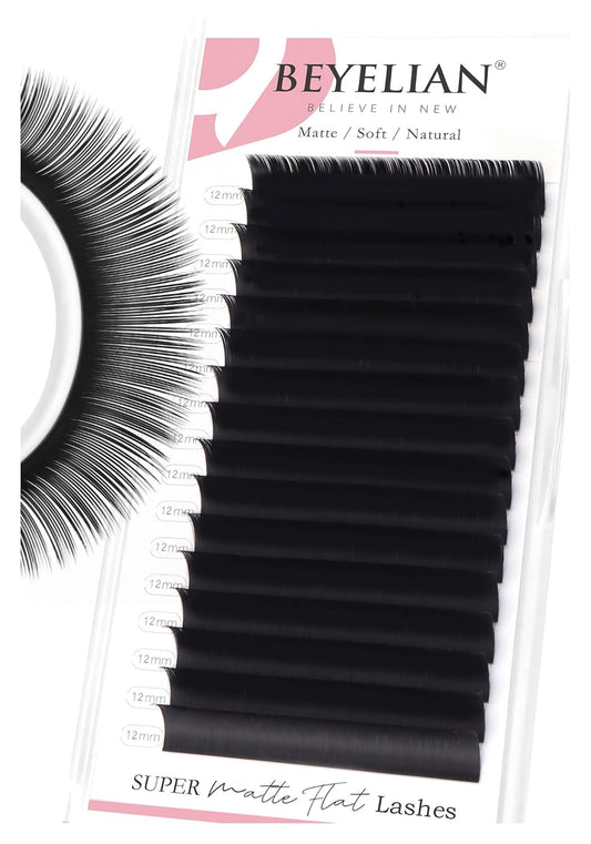 BEYELIAN Ellipse Flat Lash Extension 16 Rows 0.15 C Curl 12mm Single Length Tray Flat Eyelash Extension Matte Black Classic Lash Extensions Professional Supplies