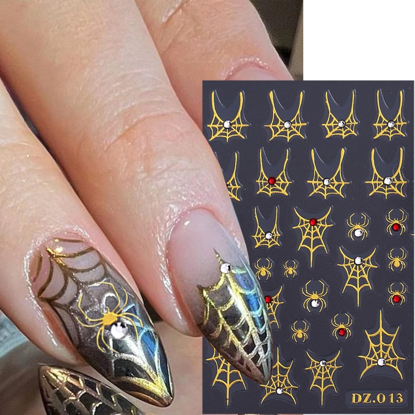 3 Sheets Spider Web Nail Stickers for Nail Art Gold Silver Halloween Nail Art Stickers Holographic Laser Spider Nail Decals With Diamond Designs 5D Self-Adhesive Scary Halloween Nail Sticker for Women