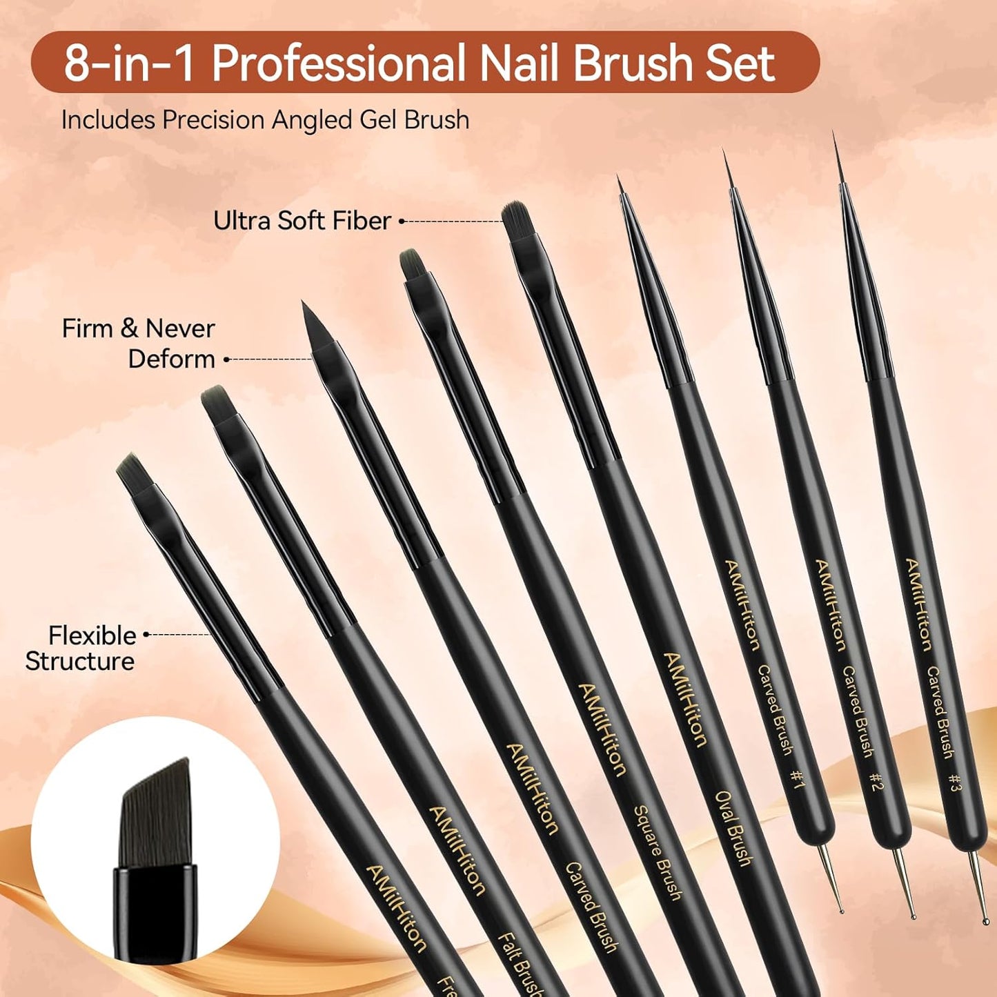 8PCS Nail Art Brushes for Builder Gel, Polygel & Polish – Flat, Round, Liner, French Tip & Detail Brushes for 3D Acrylic Flowers – Professional Nail Painting & Design Tools