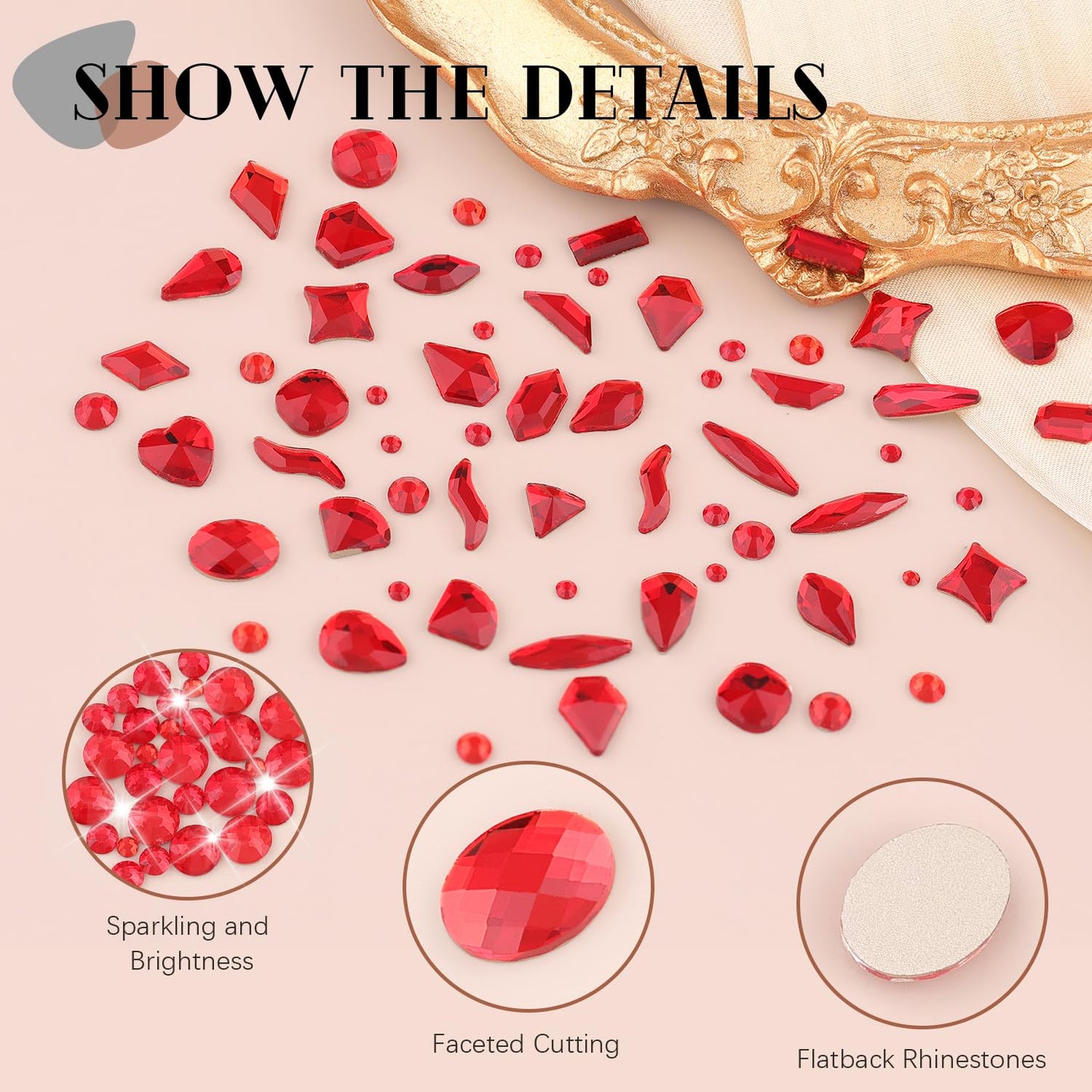 1680Pcs Red Glass Nail Rhinestones 180Pcs Multi Shapes Flatback Nail Gems + 1500Pcs 1.5-4mm Round Crystal with Rhinestones Glue Gel, Manicure Nail Charms Diamond Gemstones for Nail Art