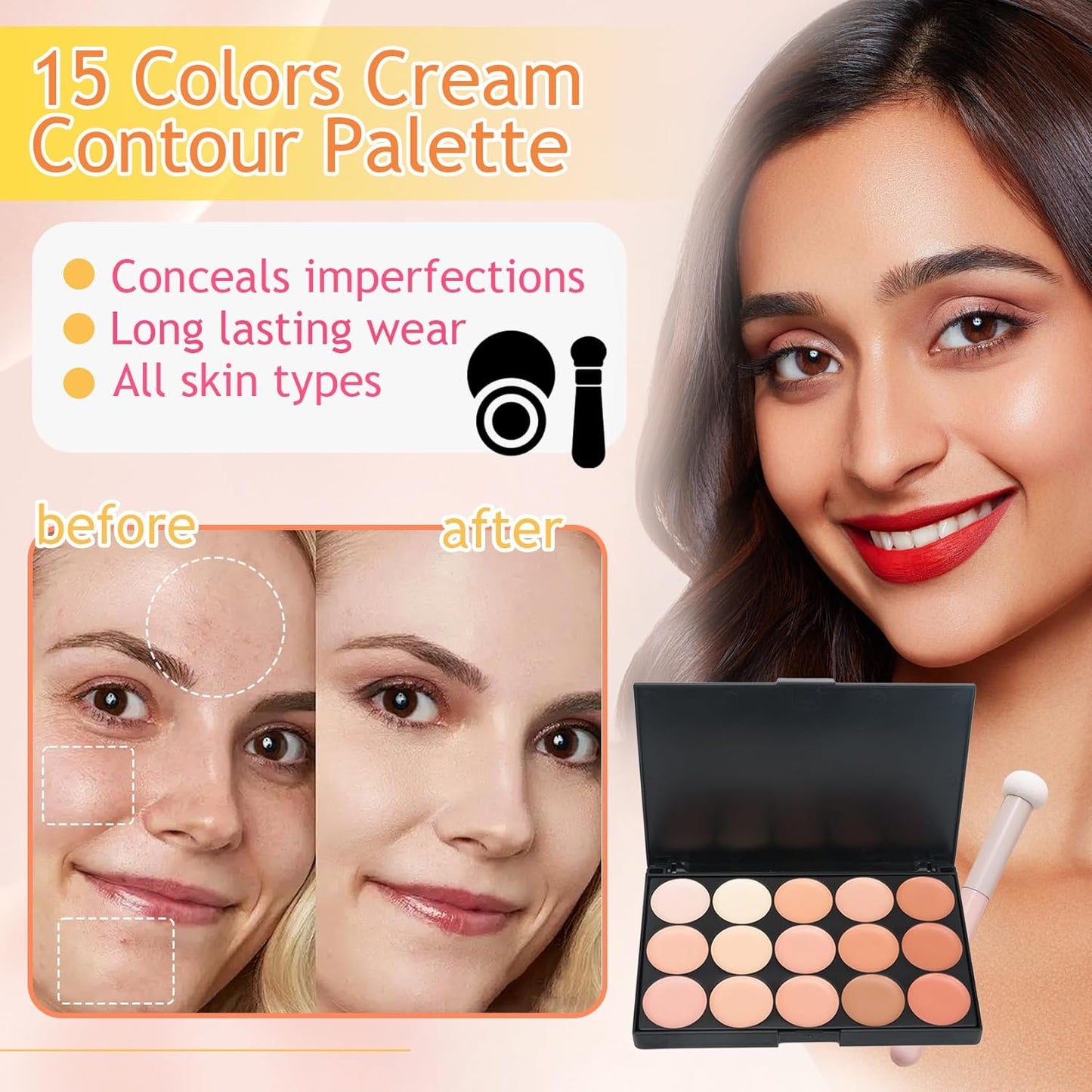 15 Colors Cream Contour Palette,Lightweight Concealer Full Coverage Contouring Liquid Foundation Palette,Multi-use Blendable Color Corrector Concealer Palette with Makeup Sponge