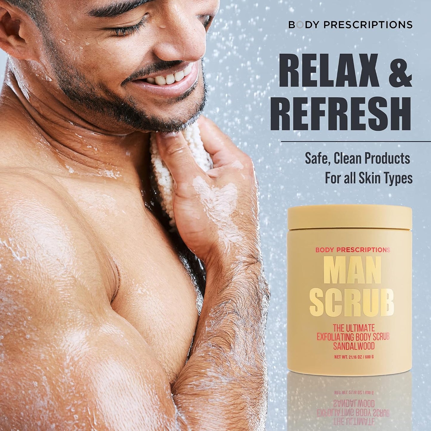 Body Prescriptions Men’s Exfoliating Body Scrub – Ultimate Skin Cleansing Wash in Jar with Twist-Top Lid, For All Skin Types, 21 Ounce (Pack of 1), Sandalwood