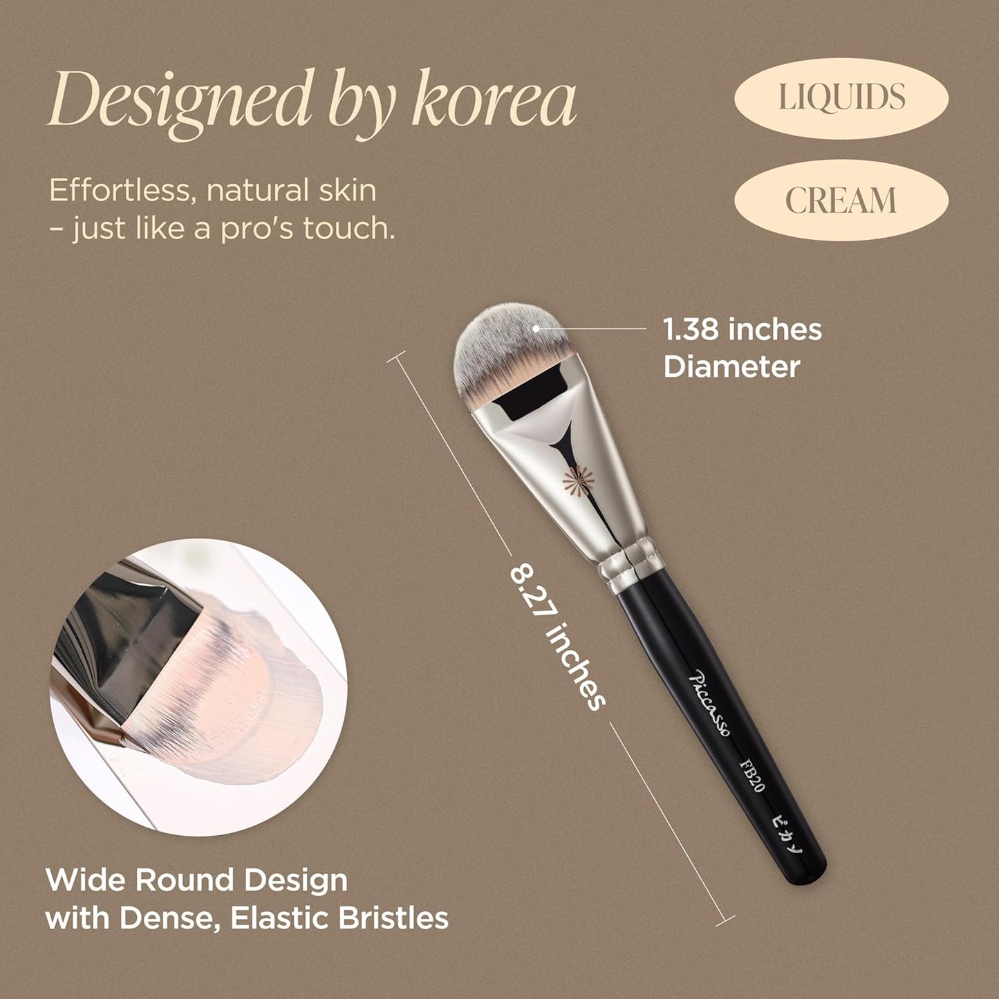 Piccasso FB20 Foundation Brush – Flat Makeup Brush for Liquid & Cream Foundation, Soft Synthetic Bristles for Seamless and High-Coverage Face Makeup, Professional Korean Beauty Tool for Daily Use