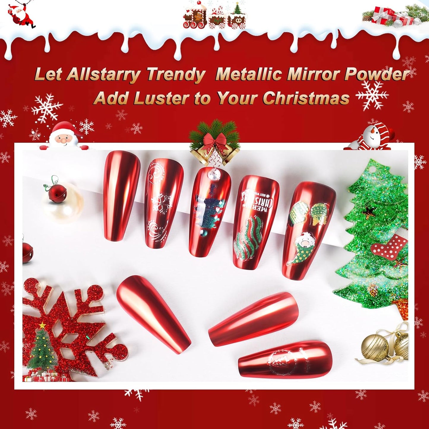 Allstarry Red Chrome Nail Powder, 2pcs Metallic Mirror Effect Dust Glitter Glazed Manicure Decoration Reflective Pigment for Gel Polish Valentines Nails Christmas Decoration- Red