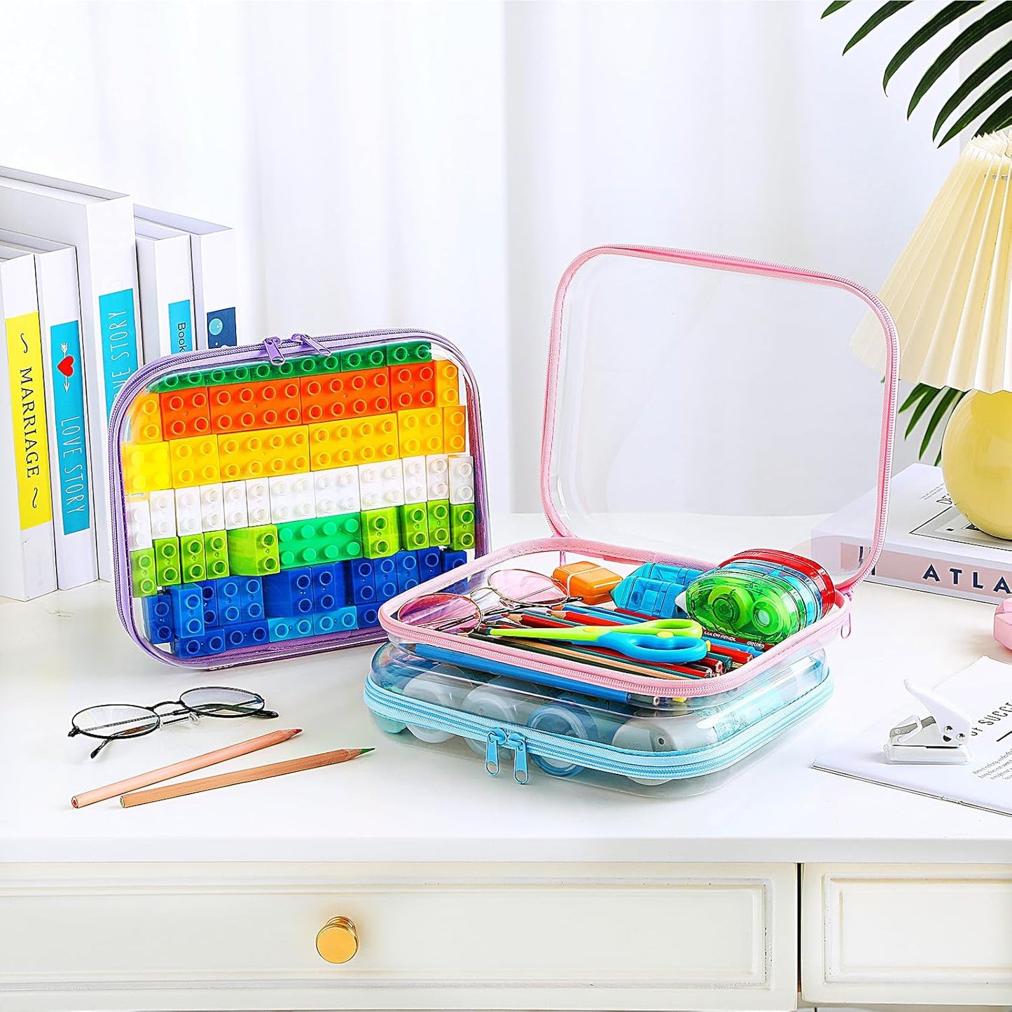 Hoolerry 3 Pcs Clear Hard Zipper Case Plastic Pouch Transparent Hard Case Clear Makeup Bag Portable Travel Organizer Bin for Cosmetics, Building Blocks, Puzzles (Multicolor,M)