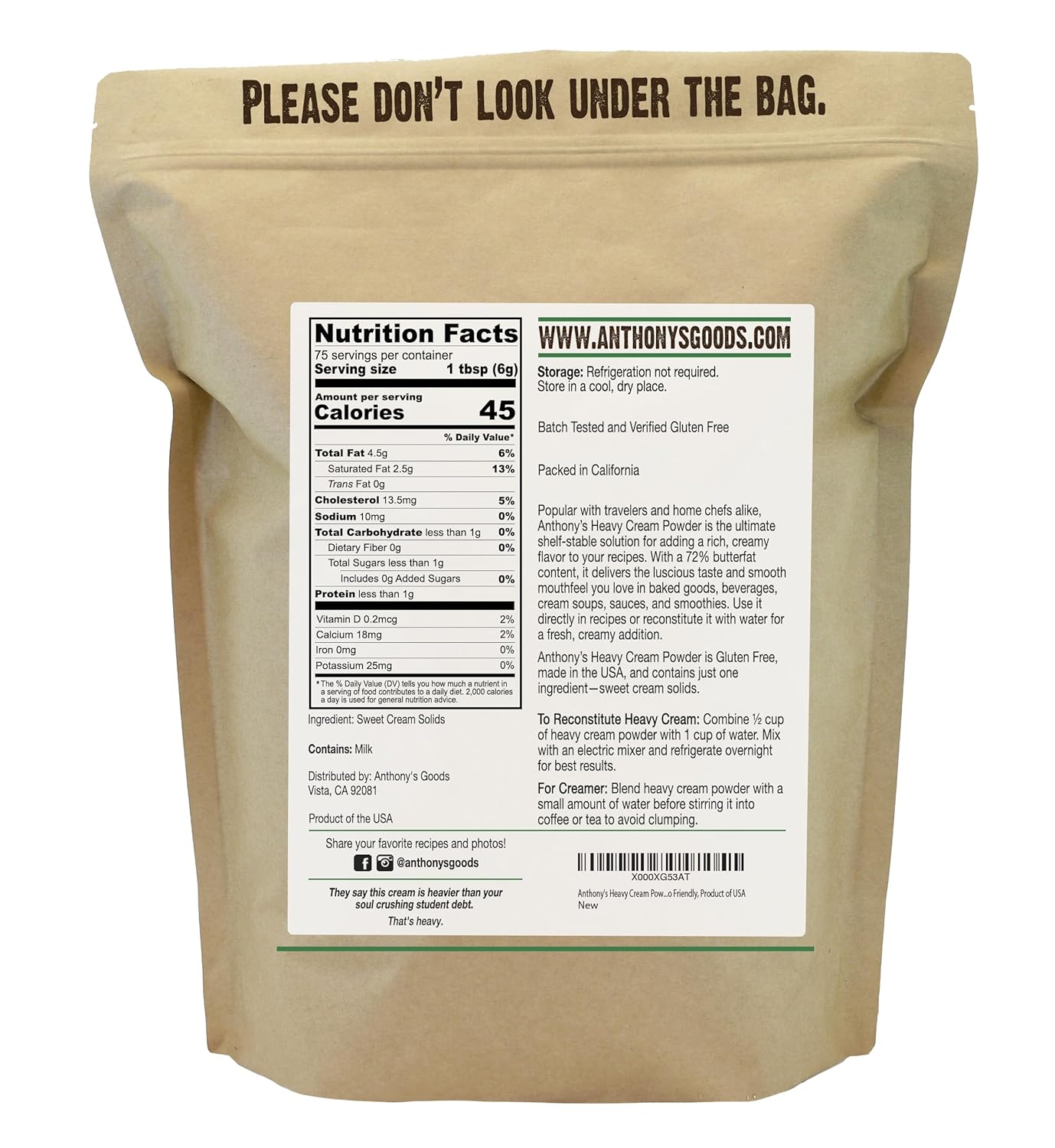 Anthony's Heavy Cream Powder, 1 lb, Gluten Free, Non-GMO, Keto Friendly, Product of USA