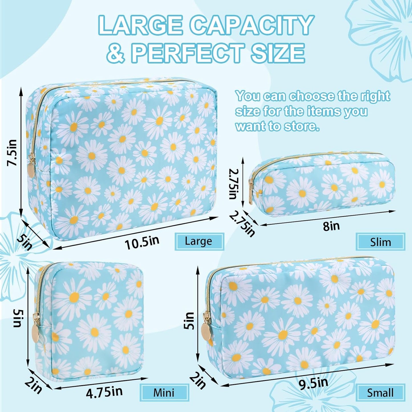 Waterproof Large Floral Makeup Pouch,Nylon Travel Toiletry Storage Purse Preppy Cosmetic Bag for Women Girl,Large Capacity Makeup Organizer Zipper Pouch for Work(L Blue-Daisy)