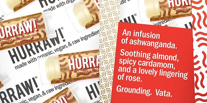 Hurraw! Almond, Cardamom, Rose (Vata) Lip Balm: Organic, Certified Vegan, Cruelty and Gluten Free. Non-GMO, 100% Natural Ingredients. Bee, Shea, Soy and Palm Free. Made in USA