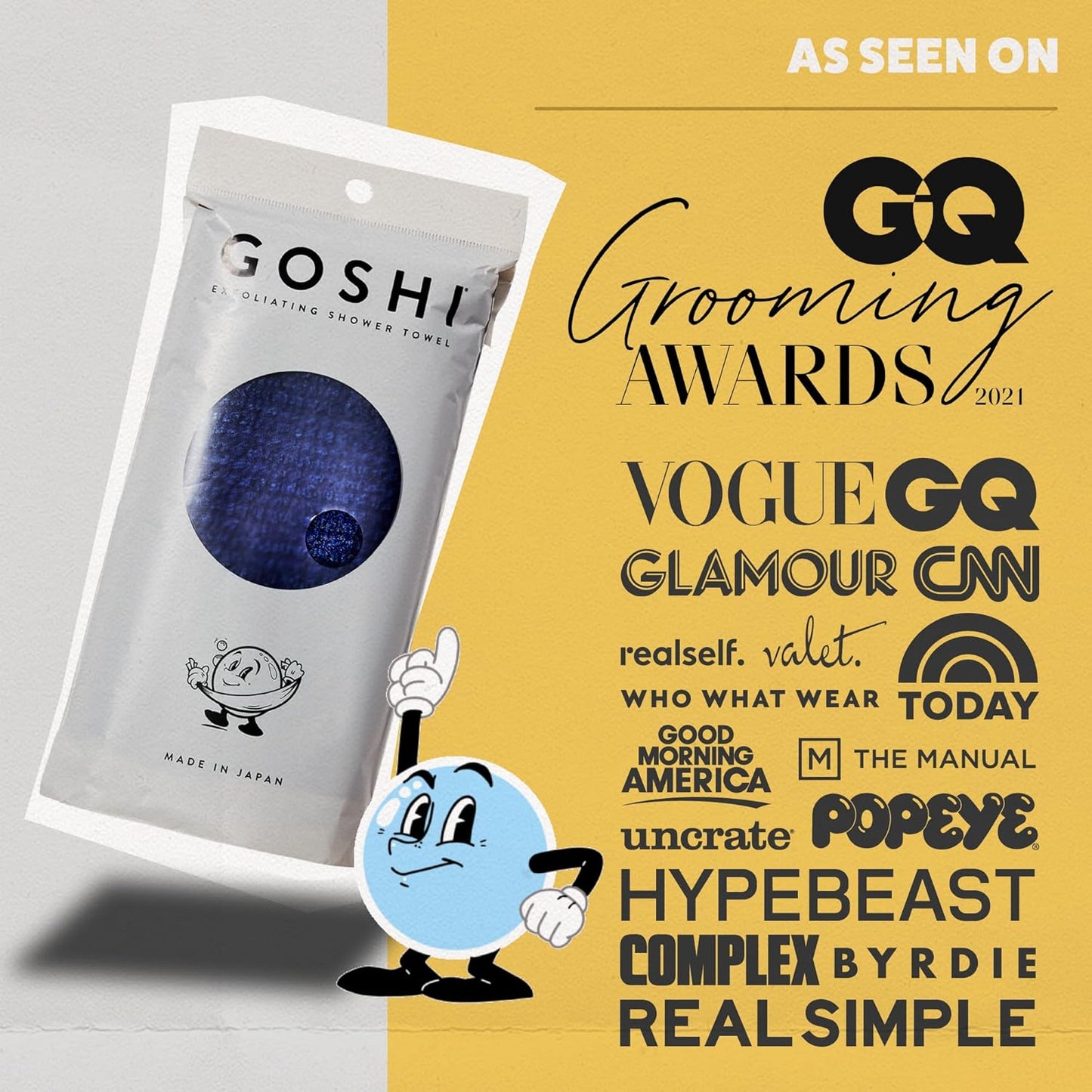 GOSHI Exfoliating Shower Towel - Rip-Resistant Exfoliating Washcloth for All Skin Types - Indigo Blue - Made in Japan