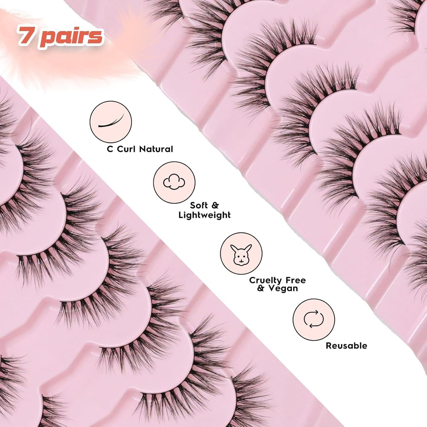 Natural Lashes Cateye False Eyelashes Wispy 12mm Cat Eyelashes Short Lash Pack for Small Eyes Eyelash with 0.1MM Thin Cotton Band 3D Volume Fake Eyelashes Siligli Soft Strip Lashes 7 Pairs