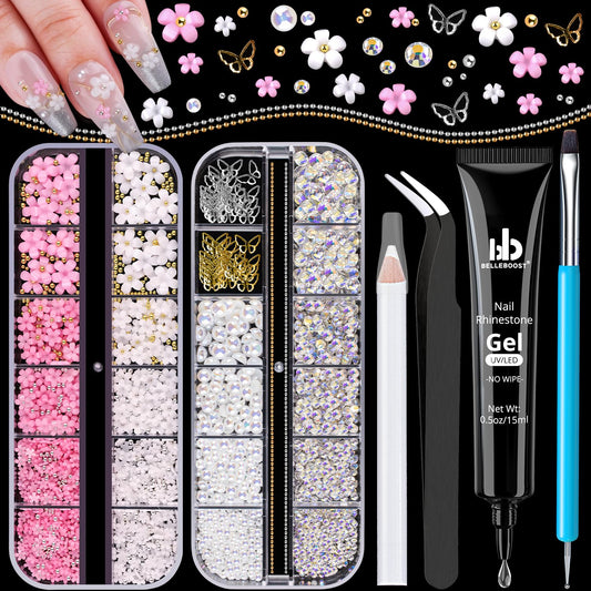 3D Nail Charms, Manicure Kit with Nail Rhinestone Glue Gel (UV Curing), Butterfly White Pink Flower Starry AB Gems Caviar Beads Half Round Pearl & Flatback Glass AB + Clear Gems with Dotting Tools