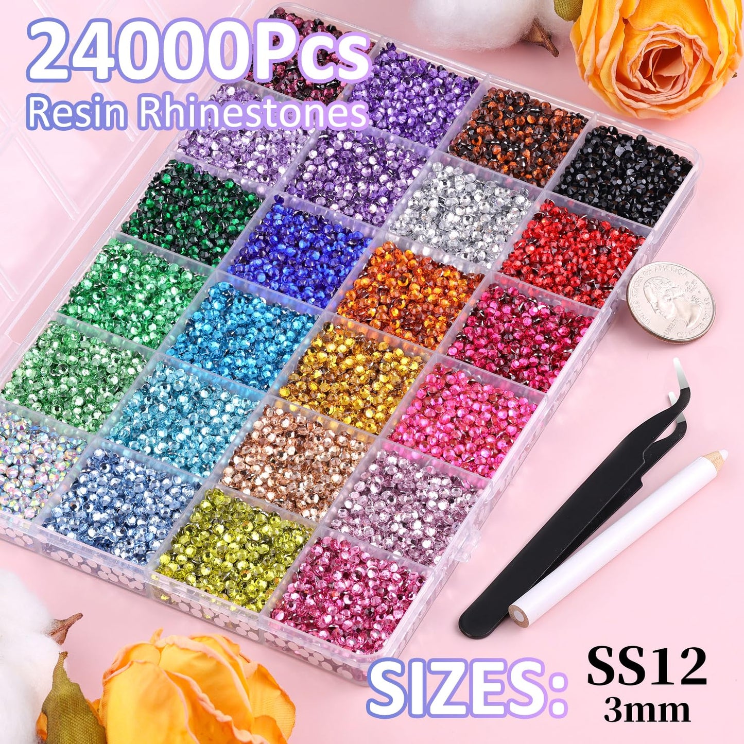 24000Pcs Resin Rhinestones for Bedazzling with Tweezers, Multicolor 3mm Rhinestones for Crafting with 3Pcs 10ml B7000 Jewelry Glue for DIY Crafts Clothing Tumblers Shoes Fabric Nail Art