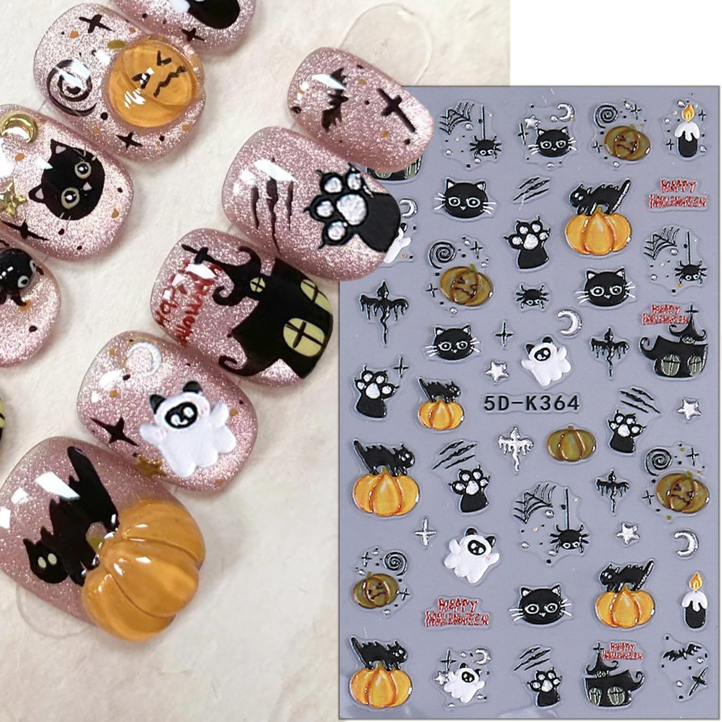 2 Sheets Halloween Nail Stickers for Nail Art 5D Spider Web Nail Art Stickers Embossed Ghost Pumpkin Nail Decals Self-Adhesive Horror Black Cat Nail Design Decals for Women Party Nails Supplies