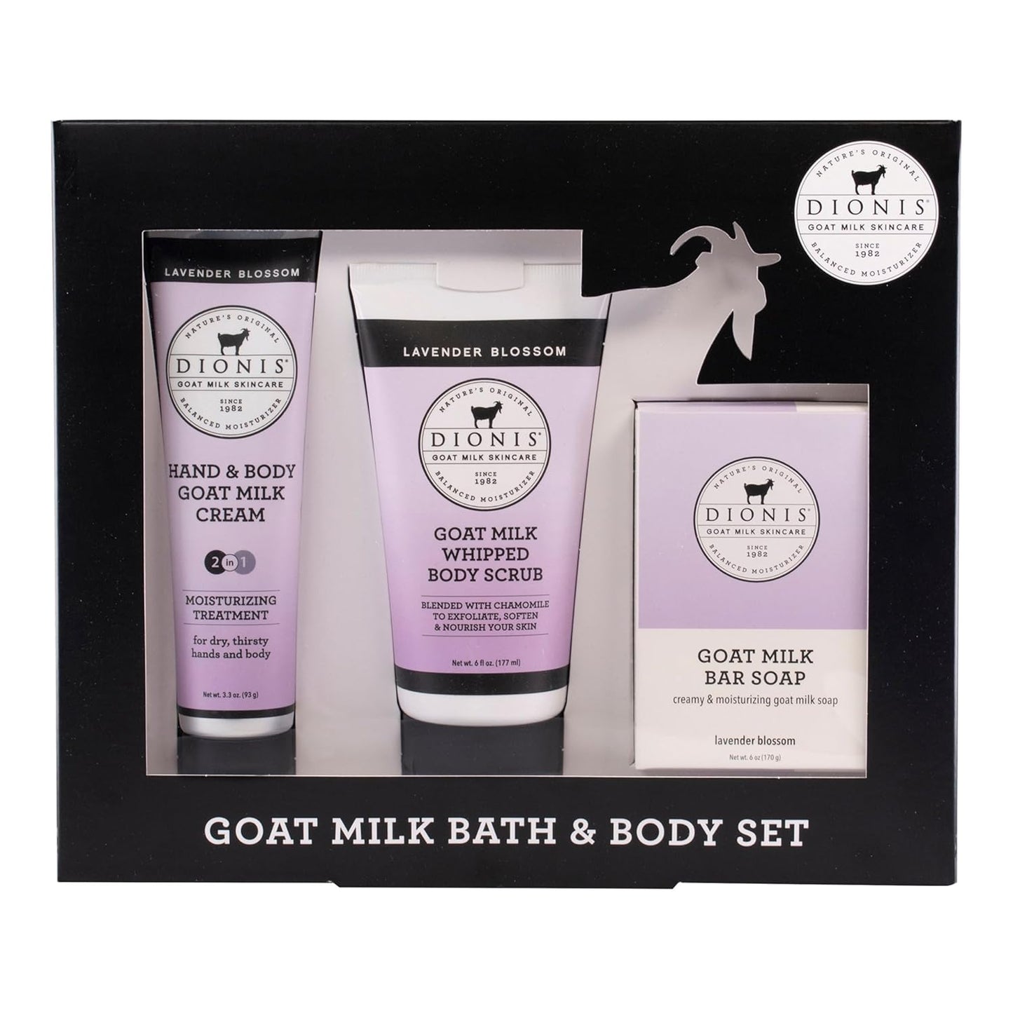Dionis Goat Milk Skincare Lavender Blossom 3 Piece Self Care Essentials Gift Set - Bar Soap, Hand & Body Cream & Whipped Chamomile Sugar Body Scrub In Recyclable Box - Exfoliate & Moisturize Dry Skin