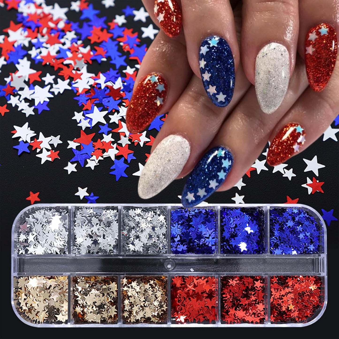 12 Grids Independence Day Nail Sequins，3D Holographic Nails Glitter Laser Star Nail Shining Flakes for Fourth of July Five-Pointed Star Mixed Sequins for America Patriotic Face Makeup Nail Decoration