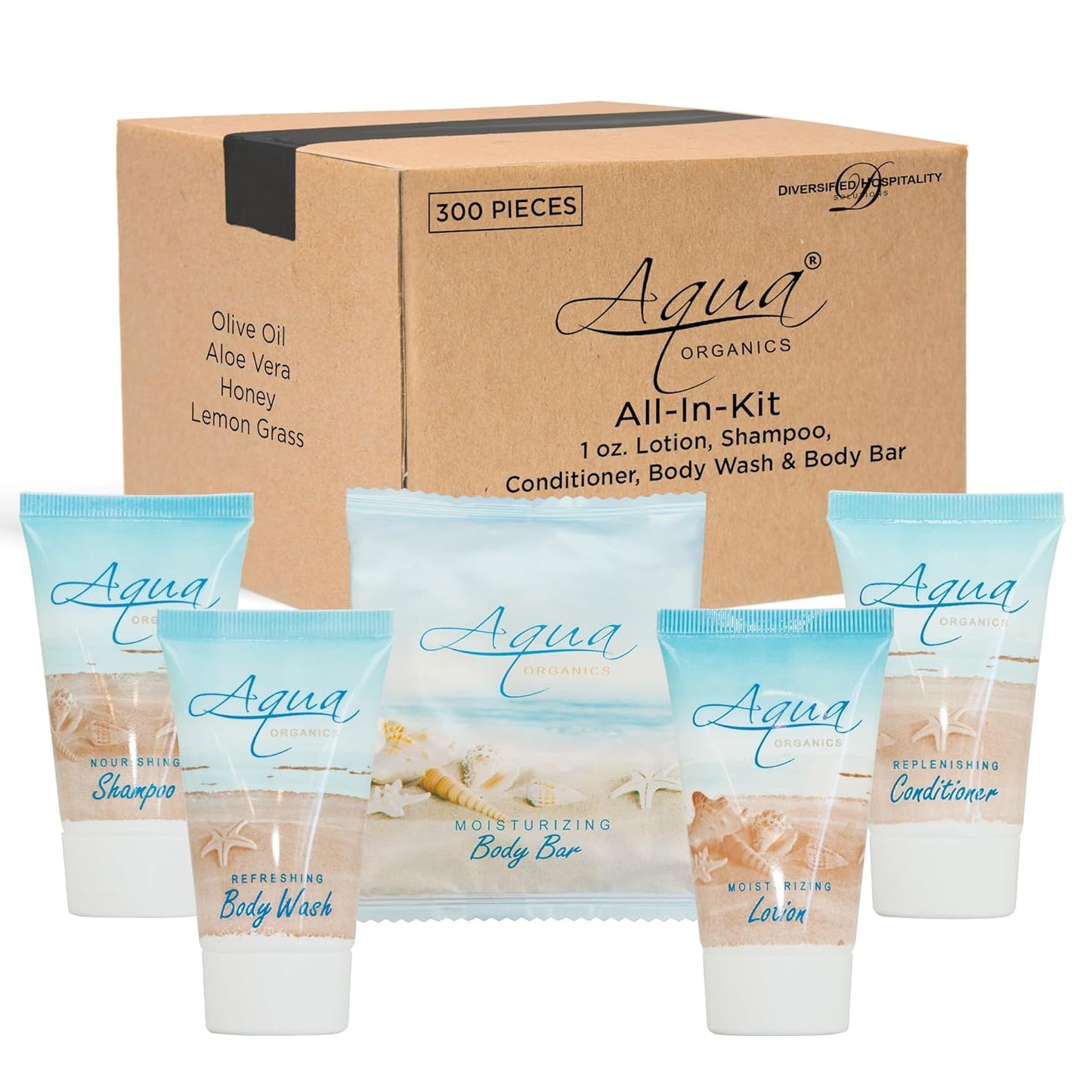 Aqua Organics Hotel Soaps and Toiletries Bulk Set | 1oz Hotel Shampoo & Conditioner, Body Wash, Body Lotion & 1oz Bar Soap Travel Size | 300 Pieces