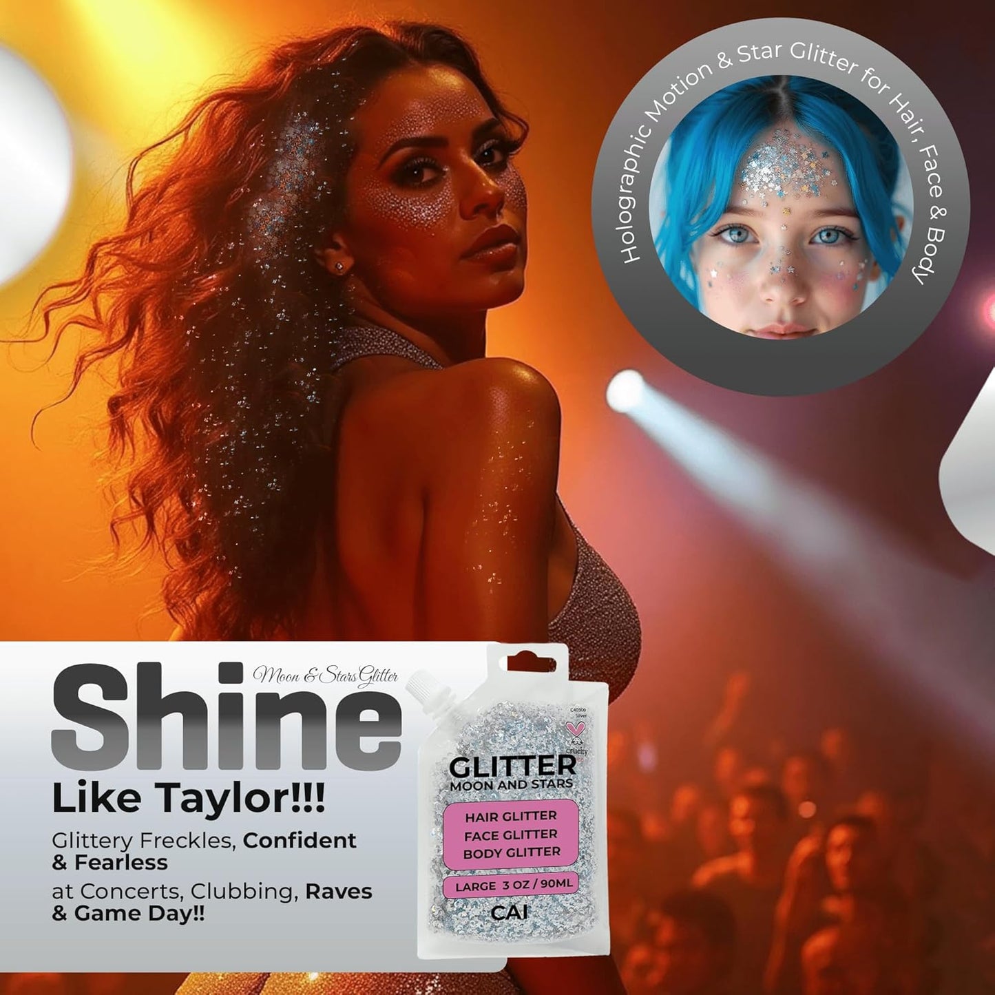 Face, Body & Hair Glitter Gel – Halloween Glitter for Kids and Women – 3 Oz Cosmetic-Grade Gel w/Moon & Stars for Festivals & Halloween Party, Easy Apply & Wash Off - Rose 1Pack