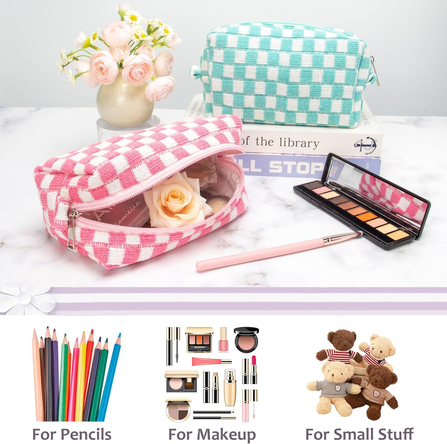 Checkered Makeup Bag for Purse Portable Zipper Make Up Pouch Small Cosmetic Case for Travel Accessories Pink White