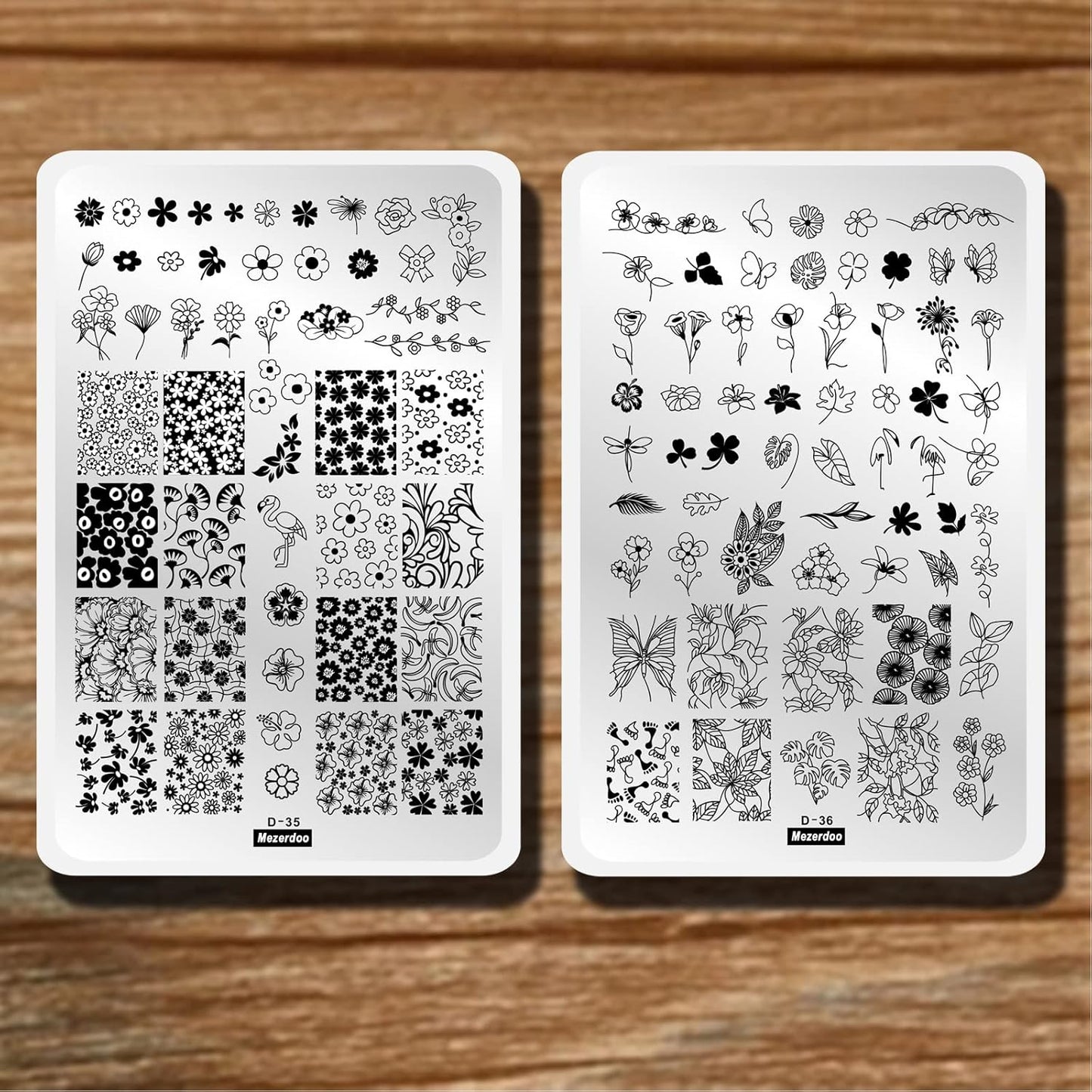 Flowers Leaf Nail Stamping Plates 2pcs Large Nail Stamper Plate Daisy Flower Flamingo Butterfly Image Stamp Templates Reusable Stencils Clover Plantillas Manicure Stamping Plate Template for Girls