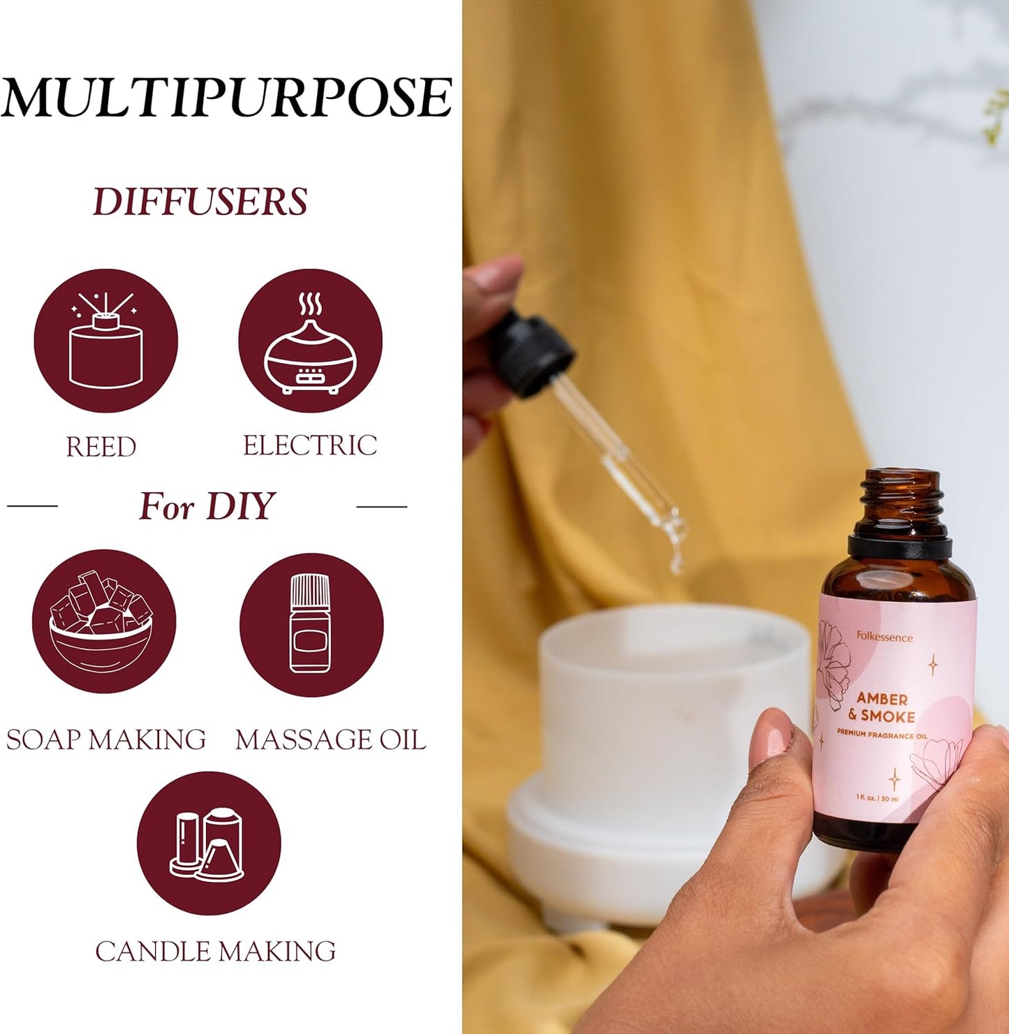 Folkulture Premium Essential Oil Blends for Diffuser for Home | 1.01 Fl Oz Amber Essential Oils for Aromatherapy | Fragrance Oils for Soap & Candle Making Scents | Diffuser Oil for Massage