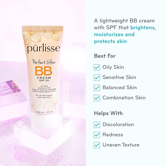 pūrlisse Perfect Glow BB Cream with SPF 30 - Matte Meets Dewy Finish - Enriched with Goji & Hawthorn Berry to Help Improve Skin Texture & Radiance - Light (1.4 oz)