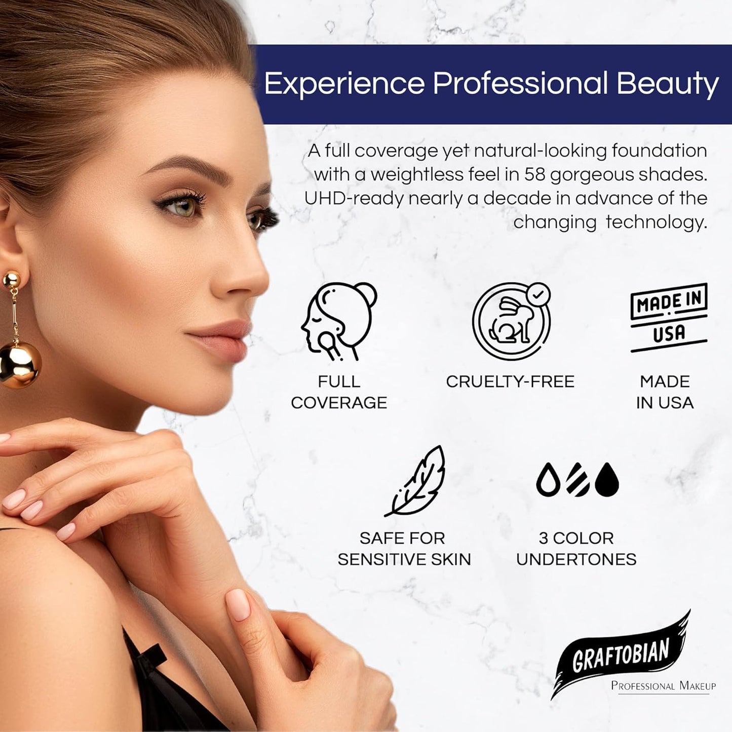 Graftobian HD Glamour Crème Foundation 1/2oz, Weightless Full Coverage Makeup, 65 Inclusive Shades, For All Skin Types, Natural or Full-Glam Looks, For Professionals and Beginners, Ivory