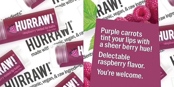 Hurraw! Raspberry Tinted Lip Balm: (Sheer Berry Tint) Organic, Certified Vegan, Cruelty and Gluten Free. Non-GMO, 100% Natural Ingredients. Bee, Shea, Soy and Palm Free. Made in USA