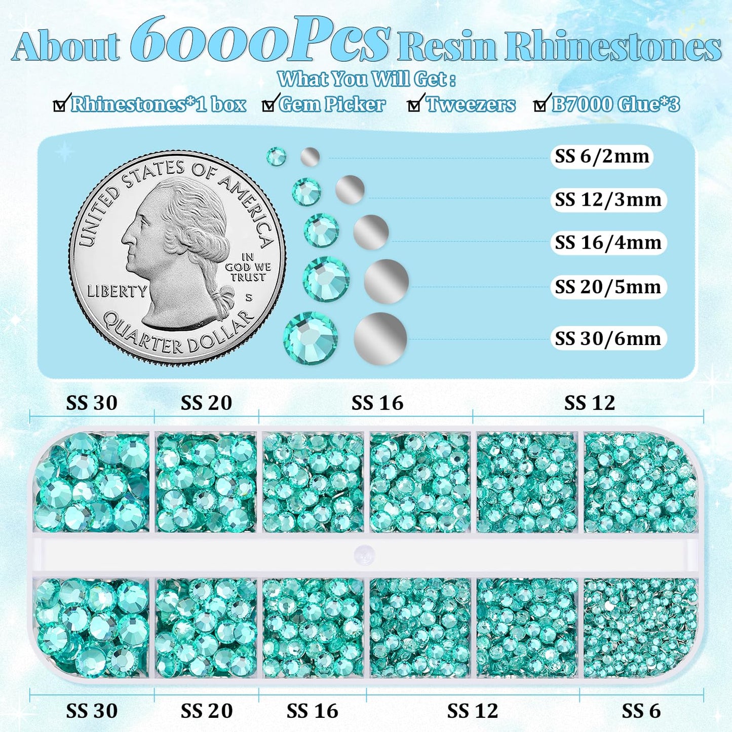 6000Pcs Resin Rhinestones for Bedazzling with 3Pcs B7000 Jewelry Glue, 1 Box Aquamarine Flatback Rhinestones for Crafting Crafts DIY, Crystals Gems for Clothing Shoes Tumblers Nail Art Makeup