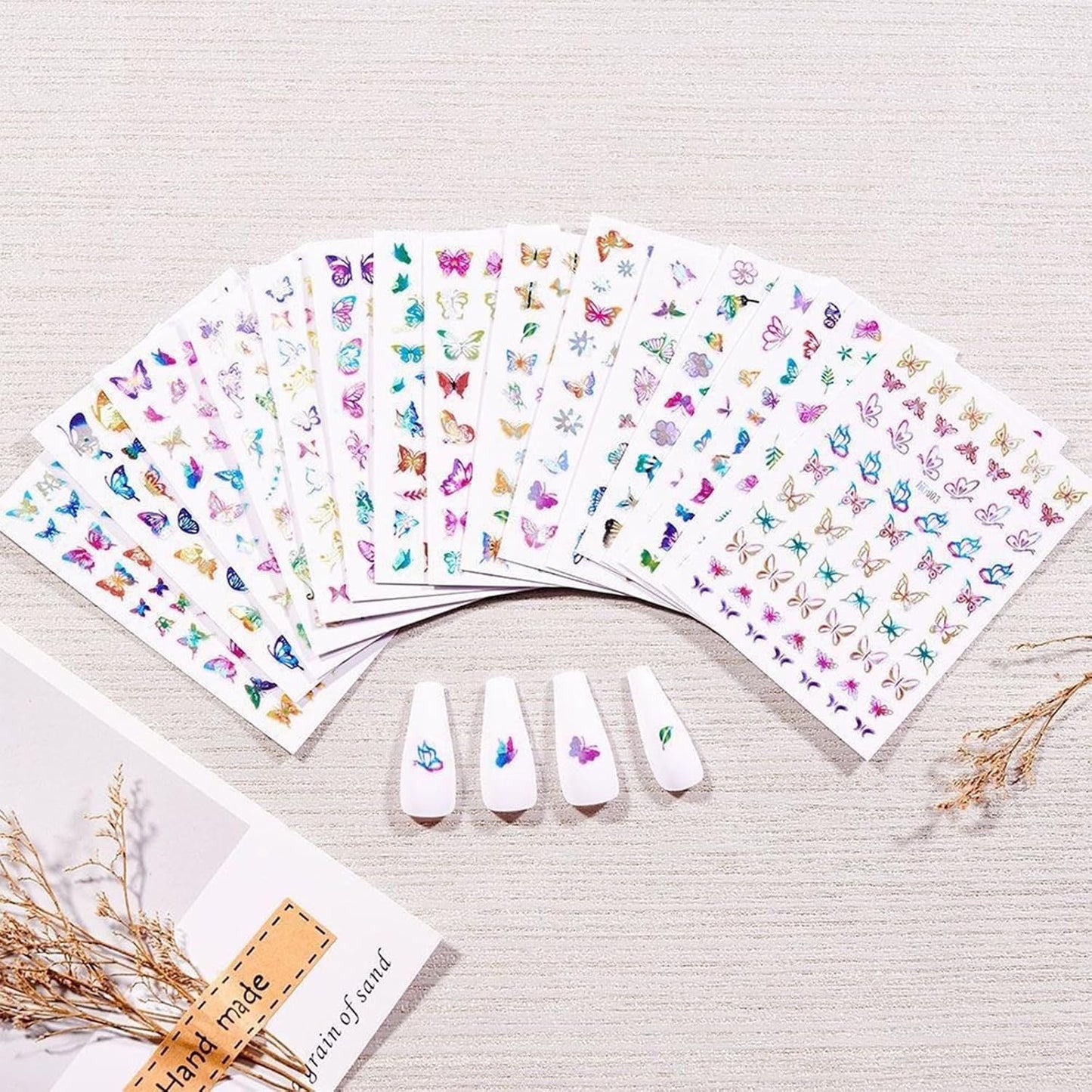 16 Sheets Butterfly Nail Art Stickers 3D Colorful Butterfly Self-Adhesive Design Nail Decals Pegatinas Uñas Holographic Laser Butterfly Nail Supplies for Women Acrylic Nail Art Decoration Accessories