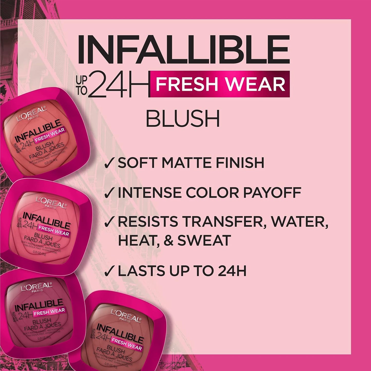 L'Oreal Paris Infallible Up to 24H Fresh Wear Soft Matte Blush, Blendable, Long-Lasting and Waterproof Cheek Make Up, Fearless Coral 05, 0.31 Oz