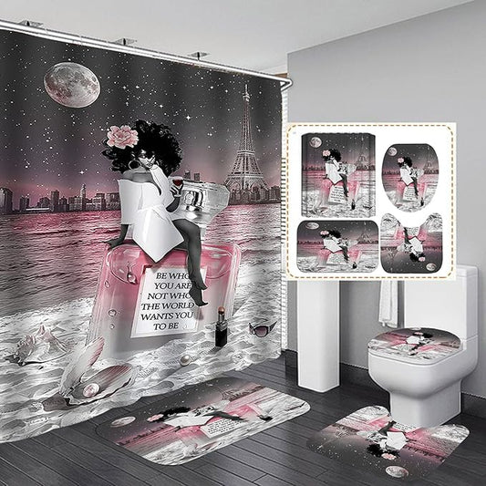 4PCS Sexy Black Girl Shower Curtain Set, Inspirational Quotes African American Woman Full Moon Starry Sky Eiffel Tower Beach Perfume Fashion Bathroom Decor, Non-Slip Bath Mat, Be Who You are