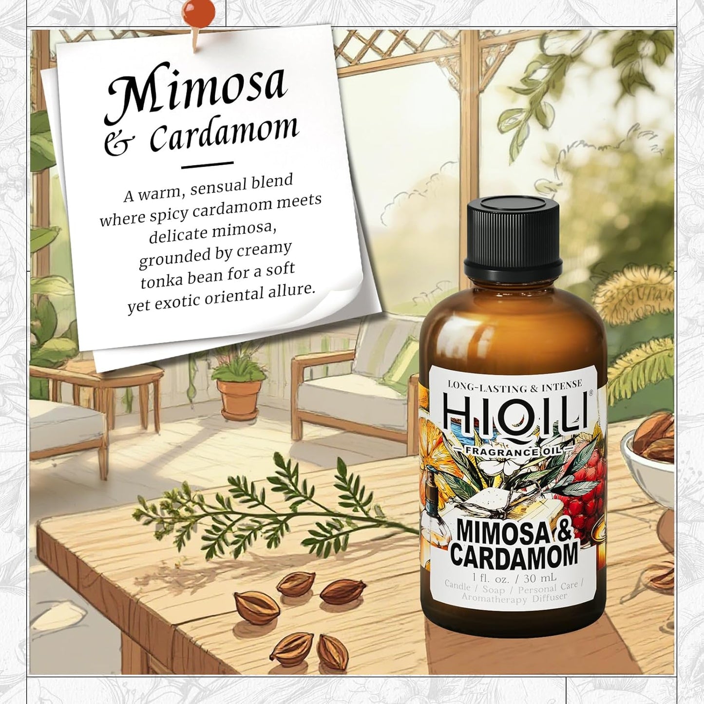HIQILI Mimosa & Cardamom Fragrance Oil for Candle & Soap Making,Ideal for Essential Oil Diffuser, DIY Perfume, Room Sprays - 1 Fl Oz