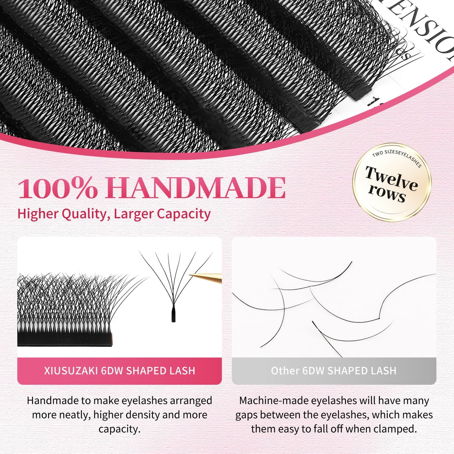 W Lash Extensions Supplies 6D Eyelash Extensions W Shape 0.07mm Thickness C Curl 9mm Premade Fans Easy Fan Lashes Volume Matte Black 12 Rows Crisscross Eye Lashes(W-6D-0.07-C,9mm)