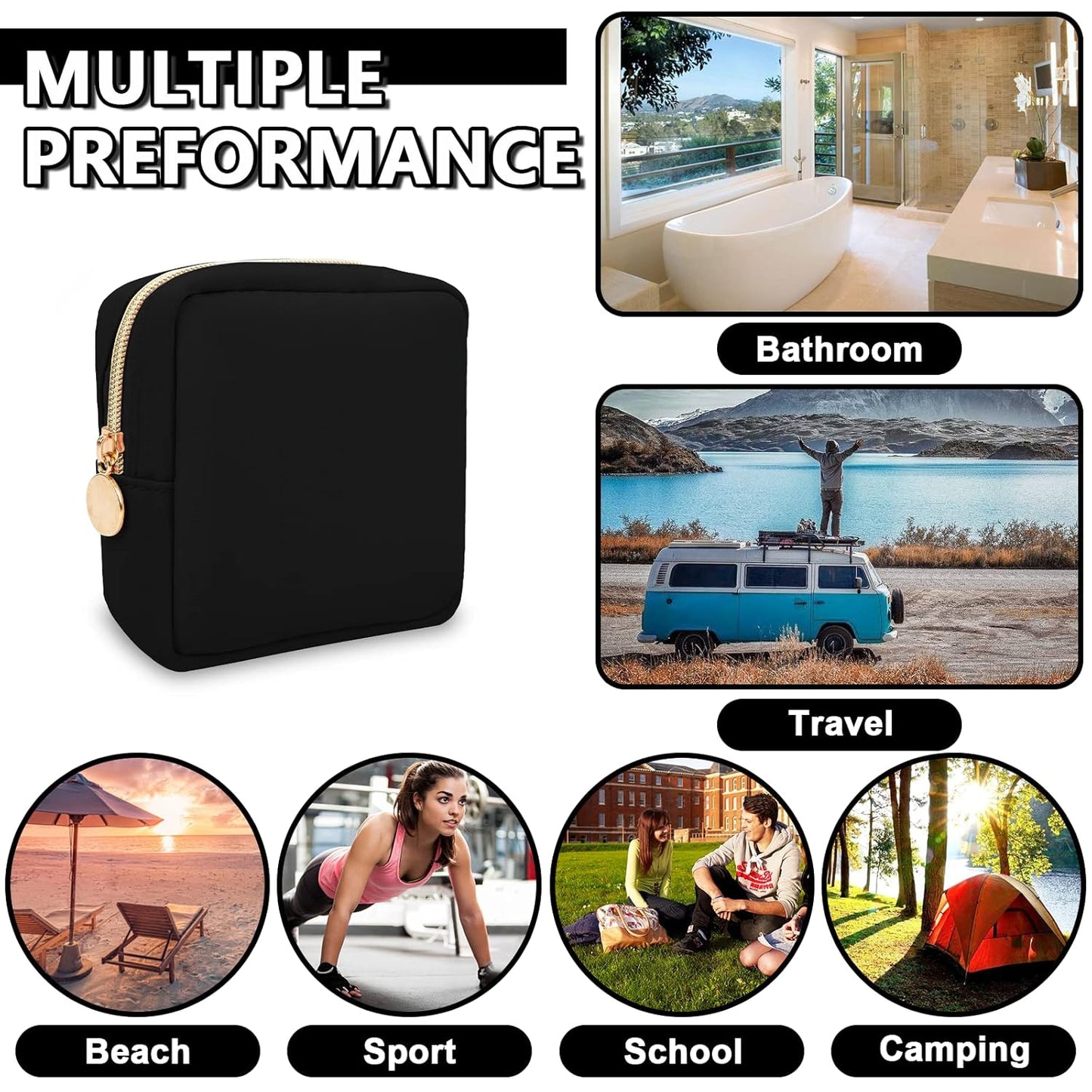 Waterproof Mini Makeup Bag for Purse,Small Cosmetic Pouch Nylon Travel Toiletry Organizers Bag for Women Girls,Cute Zipper Preppy Coin Purse for Work(Mini-Black)