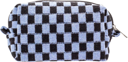 PAZIMIIK Checkered Makeup Bag for Purse Portable Zipper Make Up Pouch Small Cosmetic Case for Travel Accessories (Blue Black)