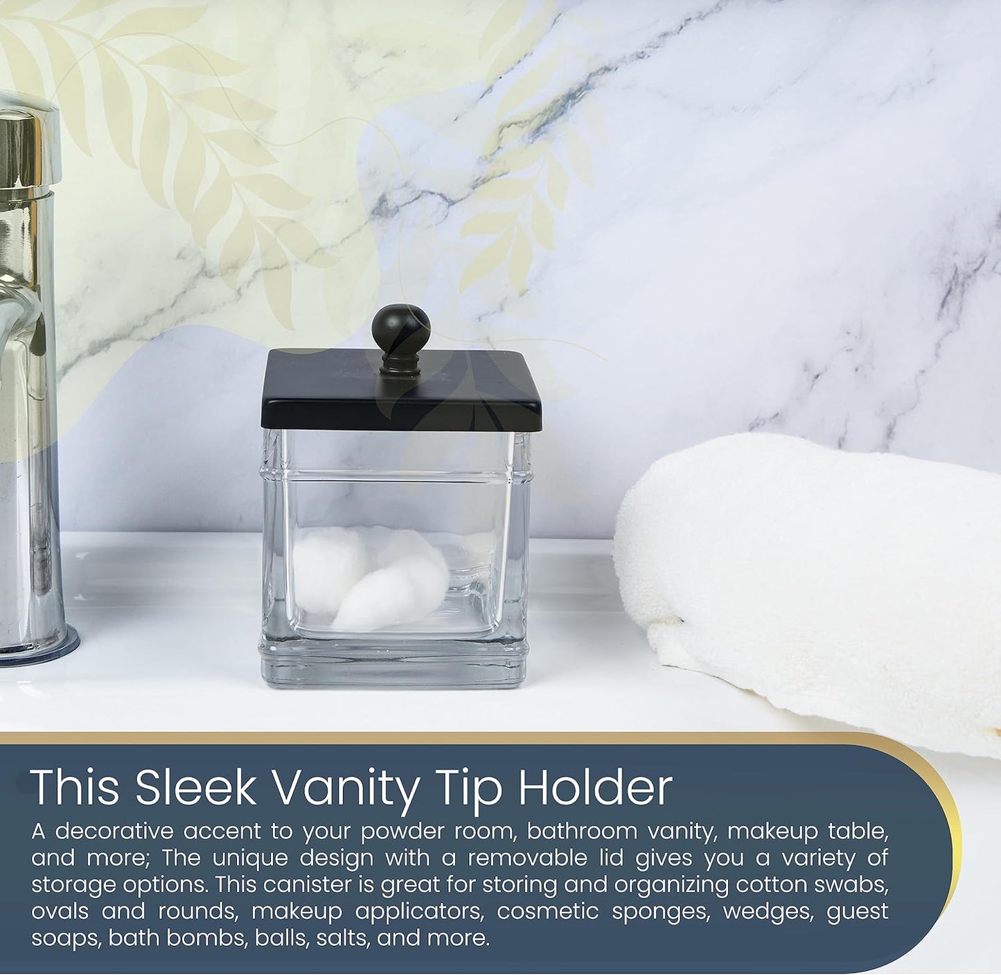 H Halston Apothecary Glass Cotton Jar Holder for Qtips, Cotton Balls, Floss, Storage Canister, Bathroom Organization, With Matte Black 304L Stainless Steel Lid, Makeup Vanity Organizer