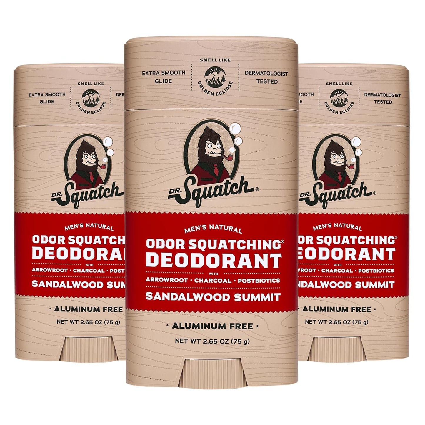 Dr. Squatch Natural Deodorant for Men - Odor-Squatching Aluminum Free - Sandalwood Summit (2.65 oz, 3-Pack)