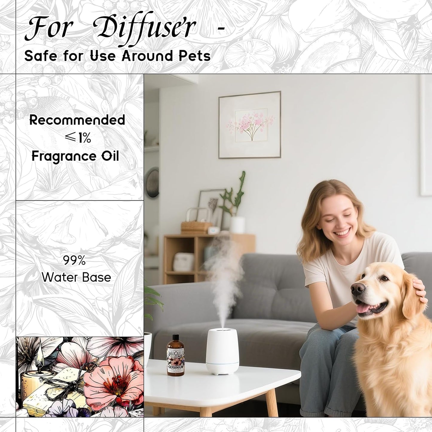 HIQILI Geranium Fragrance Oil for Home Diffuser, Relaxation, Essential Oil for Candle & Soap Making, Long-Lasting Scents, Car Freshies - 5.07 Fl Oz