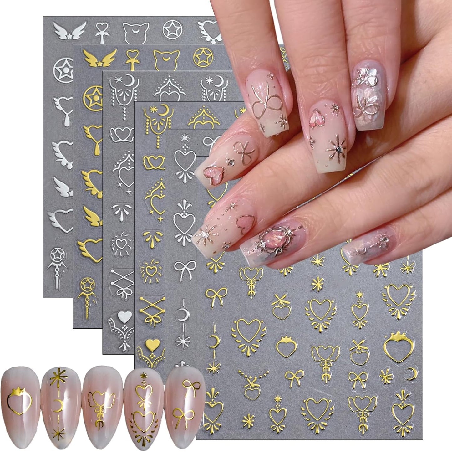 6 Sheets Love Bow Nail Art Stickers 3D Self-Adhesive Metallic Sweetheart Girl Armor Nail Sticker Retro Gold Sliver Starlight Glitter Nail Design Sticker for Women Girls Acrylic Manicure Decorations