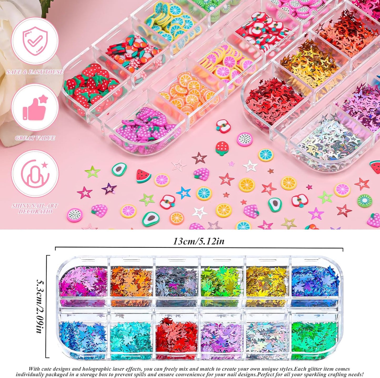 5 Boxes 60 Colors Holographic Nail Art Sequins Kit,Fruit Slice,Iridescent Sparkle Laser Hollow 3D Star Butterfly Heart Round Mixed-shapes Nail Glitter Flakes for Manicure Body Makeup(3-colorful-kit3)