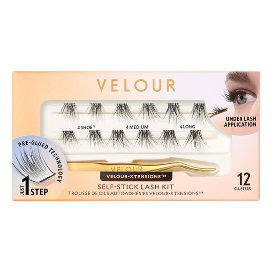 Velour-Xtensions™ Self-Stick Lash Clusters Kit, Self Adhesive Eyelashes, Includes 12 Eyelash Clusters & Applicator, Comfortable & Lightweight Lash Extensions